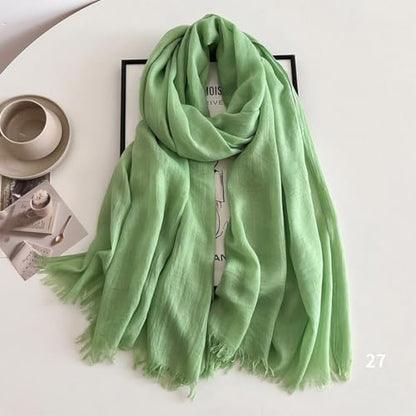Solid color cotton and linen scarf, wrinkled all season versatile long sunscreen fashionable shawl - color: Light Emerald Green