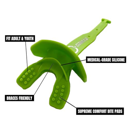 O Shield Striker Football Lip Guard with Permanent Strap | Football Lip Guard with Permanent Strap — Front Teeth, Lip, and Full Bite-Surface Coverage, No-Boil Ready Fit - color: Slime Green