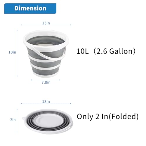 Collapsible Bucket 10L 2.6 Gallon Cleaning Bucket Mop Bucket Folding Foldable Portable Small Plastic Water Supplies for Outdoor Garden Camping Fishing Car Wash Space Saving - color: Gray