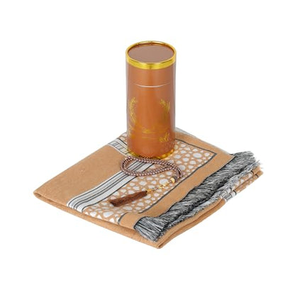 Muslim Prayer Rug Islamic Mat with Prayer Beads - Lightweight Ramadan Eid Prayer Carpet Mat with Cylinder Gift Box Set, Khaki - color: Khaki