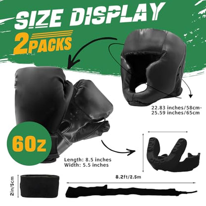 14 Pcs Boxing Set Boxing Equipment Set for Beginners Including 2 Pair of 6 oz Boxing Gloves Headgear Helmet Hand Wraps Mouth Guards Gifts Training Equipment - color: Black & Black