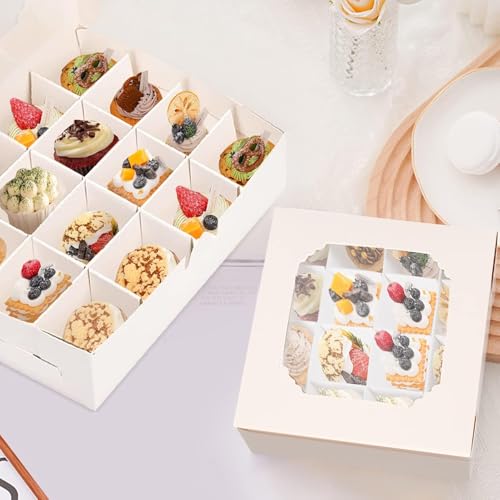 Lotusland 20PCS Empty Sweet Boxes with Window and Divider,White Cake Boxes with 16 Compartments, Treat Cookie Boxes Dessert Containers Boxes for Chocolate Cookie Candy