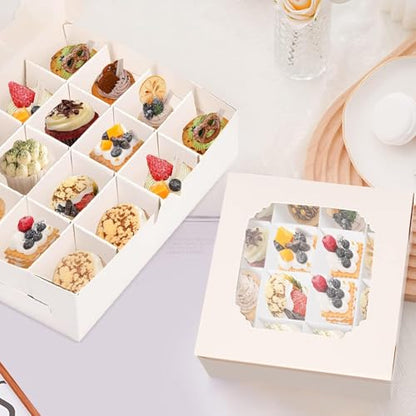 Lotusland 20PCS Empty Sweet Boxes with Window and Divider,White Cake Boxes with 16 Compartments, Treat Cookie Boxes Dessert Containers Boxes for Chocolate Cookie Candy