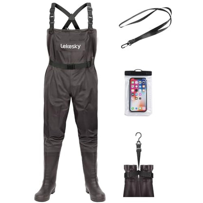 Lekesky Fly Fishing Chest Waders with Boots for Men Women, US Sizes 5–14,2-Ply Nylon/Pvc Waterproof Waders - color: Brown, size: M8/W10