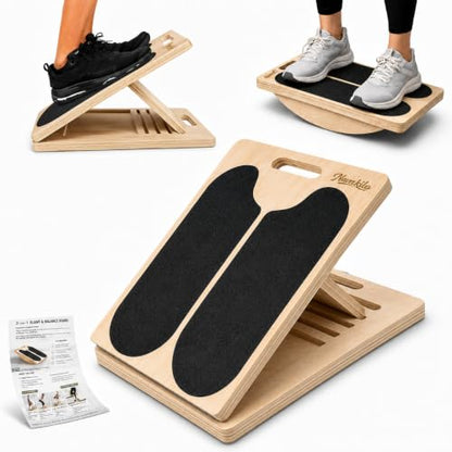 2-in-1 Wooden Slant Board for Calf Stretching & Balance Board | 5-level adjustable calf stretch board for Achilles stretch, ankle mobility, physical therapy, and stability training