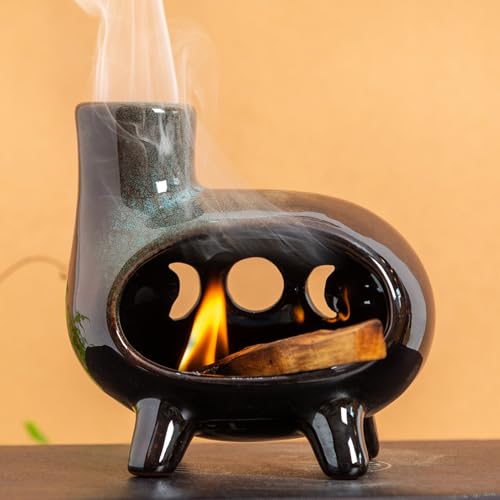 MOUGIGI Handcrafted Ceramic Palo Santo Holder Burner with Green Glaze - color: Footed Black and Green