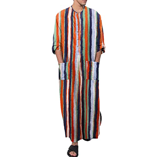 Mens Muslim Thobe Saudi Arabic Islamic Middle East Long Gown Dress Long Sleeve Crew Neck Clothing Ramadan Jubbah - color: #0a-orange, size: X-Large