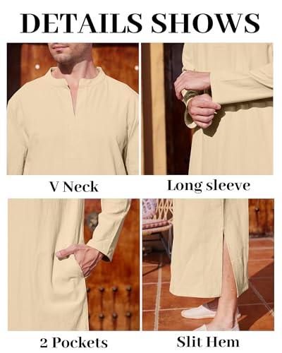 LVCBL Kaftan Thobe for Men Big And Tall Muslim Robe Mens Long Sleeve Caftan - color: Khaki, size: Medium