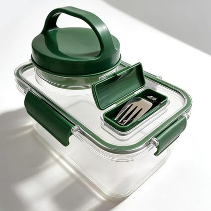 Salad Jar, Portable Salad Container with Leakproof 4 Sauce Cups and Utensil Storage for Lunch Picnic Family Gatherings (Rectangle)