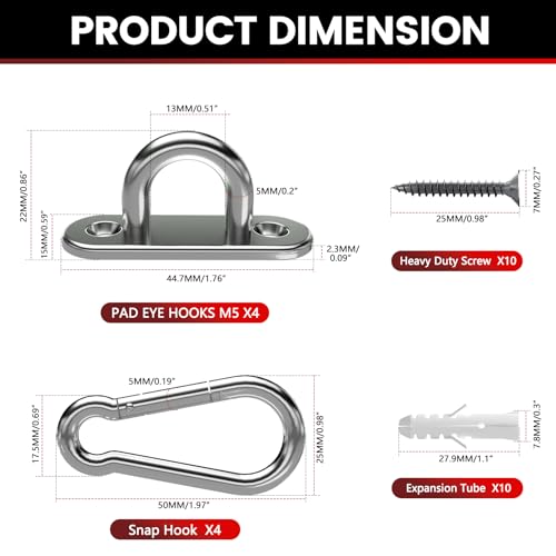 sprookber 304 Stainless Steel Pad Eye Snap Hooks, M5 Heavy Duty Ceiling Hooks, 500 lb Capacity Hammock Swing Hanging kit, Plant Hangers, Marine Hardware Staple Hook Loop with Screws, Set of 8 - size: 2 Inch, style: Oval