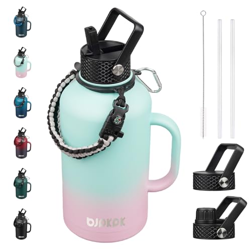 BJPKPK 64oz Insulated Water Bottle with Straw Lid Large Stainless Steel Jug - color: Marshmallow, style: 64oz-Side Handle