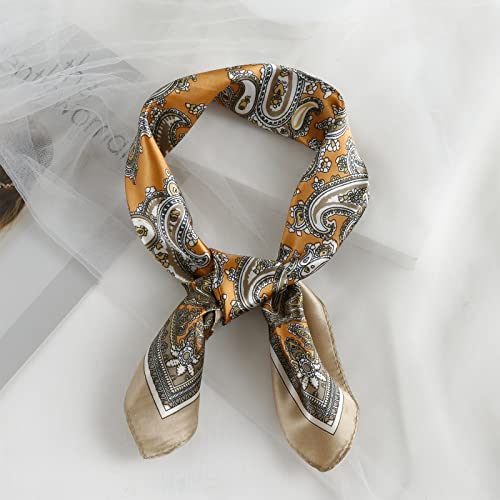 QBSM Womens 23.6 inch Satin Silk Feeling Formal Square Neck Scarf Head Hair Wraps Kerchief - color: Cashew Flowers-camel
