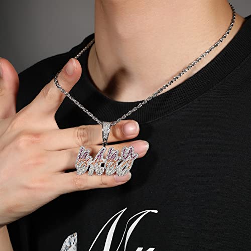 Lulu Mel Iced Out Personalized Cursive Name Necklace For Trendy Women, Custom Handmade Nameplate Pendant With Cuban Link Chain, White Gold Plated Hip Hop CZ Diamond Jewelry Gifts - color: Silver&Colorful