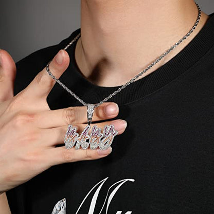 Lulu Mel Iced Out Personalized Cursive Name Necklace For Trendy Women, Custom Handmade Nameplate Pendant With Cuban Link Chain, White Gold Plated Hip Hop CZ Diamond Jewelry Gifts - color: Silver&Colorful