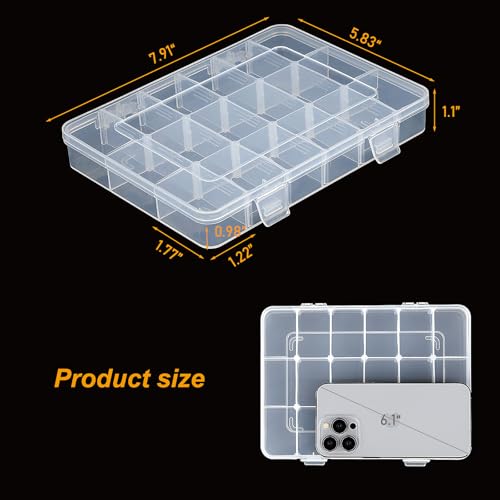 CGCG 3-Pack 18-Grid Clear Plastic Beads Organizer Box 7.9x5.8 | Multi compartment container case with adjustable dividers for small crafts, jewelry, fishing tackle, nail charm stickers