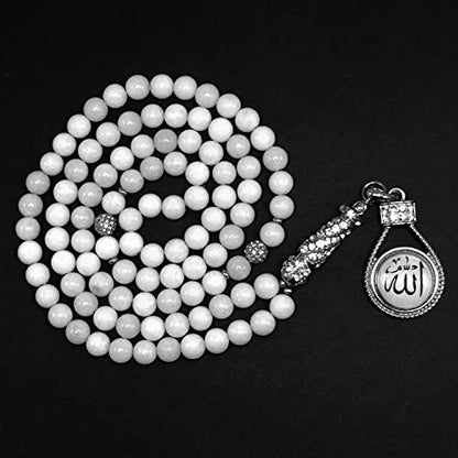 Special Prayer Beads Series -99 beads- Tesbih Tasbih Tasbeeh Misbaha Masbaha Subha Sebha Sibha (White Jade Stone -8 mm 99 Beads- & Zircon Stone Design) - color: White Jade Stone -8 mm 99 Beads- & Zircon Stone Design