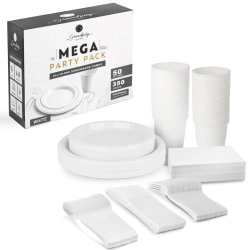 Grandipity Disposable Plastic Dinnerware Sets for Parties (350 pcs) - color: White, size: 50 Guests (350 PCS)