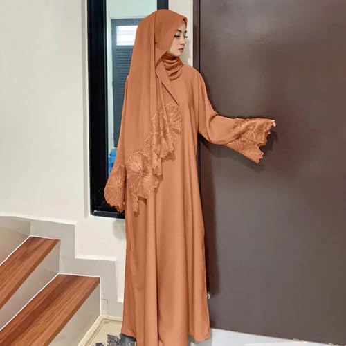 Prayer Clothes for Muslim Women Long Sleeve One-Piece Islamic Prayer Dress O Neck Slim Fit Islamic Evening Gown - color: Beige, size: Small