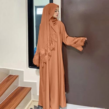 Prayer Clothes for Muslim Women Long Sleeve One-Piece Islamic Prayer Dress O Neck Slim Fit Islamic Evening Gown - color: Beige, size: Medium