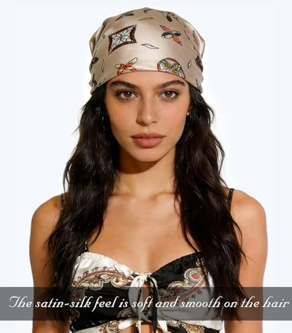 Sumolux Head Hair Scarf for Women 35" Like Satin Silk Scarf Hair Wrapping Night Bandana Large Square Scarves - color: B Brown Feather