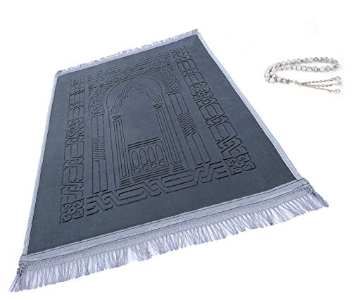 Prayer Rug Muslim Mat Islamic - Thick Large Grey Padded Sajadah for Kids Men Women with Islam Prayer Beads for Eid Travel Ramadan, Soft Luxury Great for Knees and Forehead - color: Grey