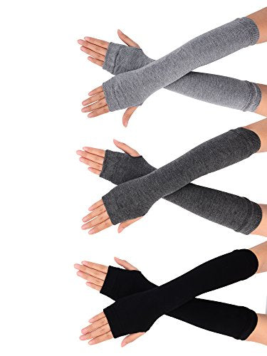 Bememo 3 Pairs Long Fingerless Gloves for Women Arm Warmers Unisex Arm Sleeves Knit Thumb Elbow Hole Stretchy Gloves Goth - color: Black, Deep Grey, Light Grey