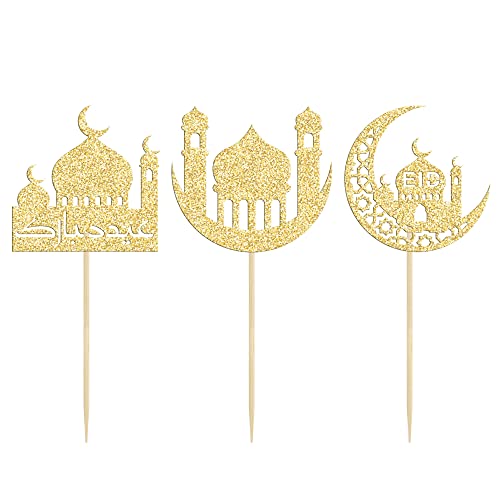 24 Pack Eid Mubarak Cupcake Toppers Glitter Star Ramadan Kareem Cupcake Pick Moon Star Eid Islamic Muslim Theme Party Cake Decoration Supplies Gold - color: Gold