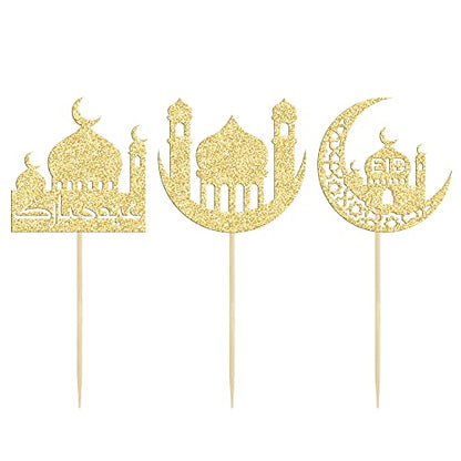 24 Pack Eid Mubarak Cupcake Toppers Glitter Star Ramadan Kareem Cupcake Pick Moon Star Eid Islamic Muslim Theme Party Cake Decoration Supplies Gold - color: Gold
