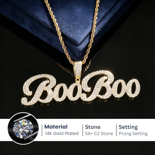 Lulu Mel Iced Out Personalized Cursive Name Necklace For Trendy Women, Custom Handmade Nameplate Pendant With Cuban Link Chain, White Gold Plated Hip Hop CZ Diamond Jewelry Gifts - color: Brust Letter Gold