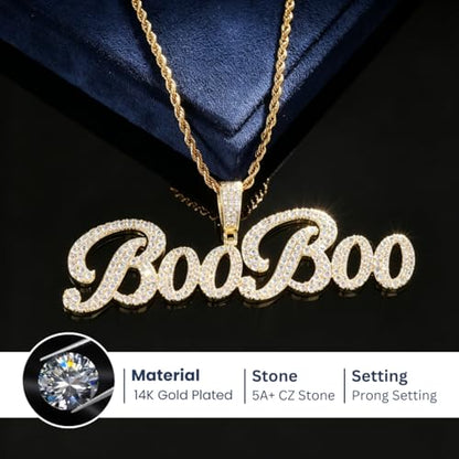 Lulu Mel Iced Out Personalized Cursive Name Necklace For Trendy Women, Custom Handmade Nameplate Pendant With Cuban Link Chain, White Gold Plated Hip Hop CZ Diamond Jewelry Gifts - color: Brust Letter Gold