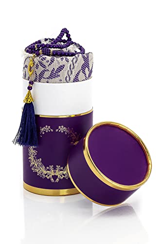 ihvan online Muslim Prayer Rug and Prayer Beads with Elegant Design Cylinder Gift Box, Janamaz, Soft Sajadah, Islamic Gifts Set, Portable Prayers Carpet Mat, Taffeta Fabric, Purple - color: Purple