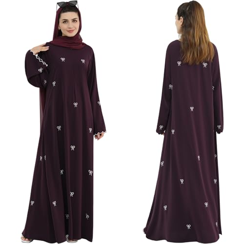 Abaya Dress for Muslim Women Bow Front Zipper Side Pockets Ramadan Eid Robe - color: Wine Red, size: X-Large