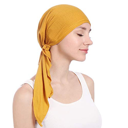 Instant Hijab Solid Beaded Long Tail Turban Wrap Cap Soft Stretchy Breathable Muslim Hair Baseball Hat - color: 08#_yellow