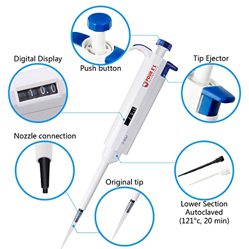 FOUR E'S SCIENTIFIC 2-20μL Pipette, Adjustable Volume Micropipette | Single-Channel Pipettor, Ergonomic Design, Precise Volume Dial - size: 03 (2-20uL)