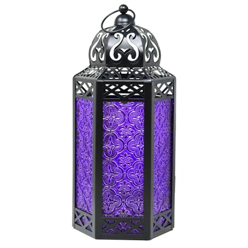 Vela Lanterns Decorative Indoor Gothic Candle Holder Lamp, Purple, L | Whimsical Whimsigoth Room Decor, Moroccan Iron Goth Lamp, Hanging Witch Bedroom, Halloween, 12" Tall - color: Black/Purple, size: Large
