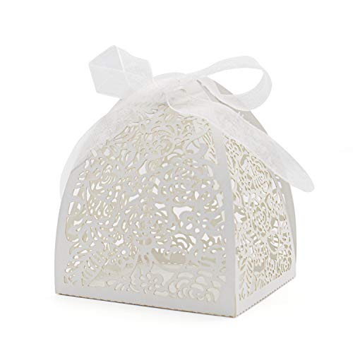 KPOSIYA Pack of 100 Laser Cut Rose Candy Boxes, Favor Boxes 2.5"x 2.5"x 3.1", Gift Boxes Bridal Shower Anniverary Birthday Party Wedding Favor (100,White) - color: White, size: 1 Count (Pack of 100)