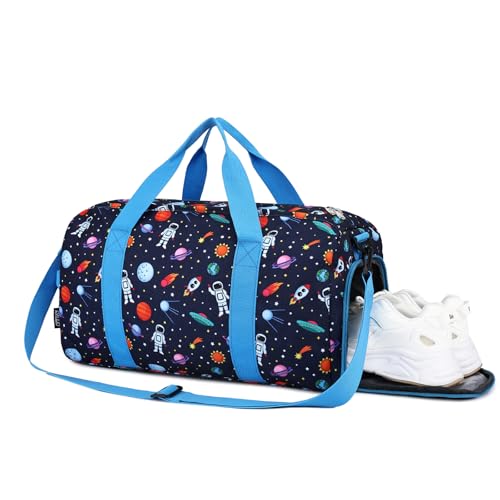 Kids Duffle Bag for Boys,RAVUO Water Resistant Travel Bag Overnight Bag Weekender Carry On Bag for Gym Sport with Shoe Compartment and Wet Pocket Space - color: Astronaut