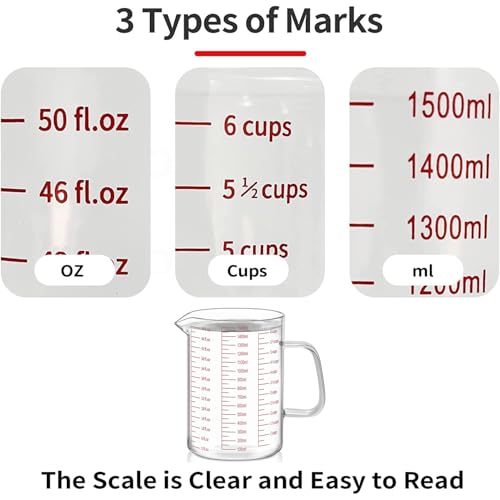 Luvan 6 Cups Glass Measuring Cup, Easy to Read with 3 measurement scales (Ml/Oz/Cup), Insulated Handle and V-shaped Spout, High Borosilicate Glass Measuring Cup, Ideal for Kitchen or Restaurant - color: 50Oz/6Cups/1.5L