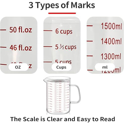 Luvan 6 Cups Glass Measuring Cup, Easy to Read with 3 measurement scales (Ml/Oz/Cup), Insulated Handle and V-shaped Spout, High Borosilicate Glass Measuring Cup, Ideal for Kitchen or Restaurant - color: 50Oz/6Cups/1.5L