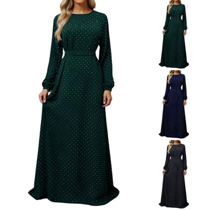 Muslim Dresses for Women Maxi Dress with Belt Long Sleeve Crew Neck Dress Long Casual Church Dress Prayer Clothes - color: Green, size: Large