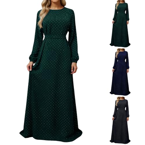 Muslim Dresses for Women Maxi Dress with Belt Long Sleeve Crew Neck Dress Long Casual Church Dress Prayer Clothes - color: Green, size: XX-Large