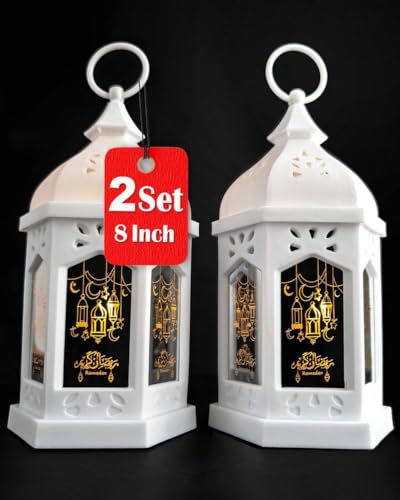 OLEEK Ramadan Lantern Lights (2PCs-8in)- Ramadan Decorations for Home 2026 - Ramadan Decor - Ramadan Lights - Ramadan Lanterns Decorative - Ramadan Lanterns for Kids - Ramadan Decoration فانوس رمضان - color: White