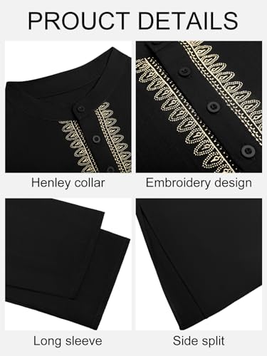 Yousify Mens Kaftan Thobe Casual Henley Shirts - color: Black, size: Large
