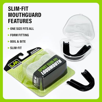 Loudmouth Sport Slim-Fit Boil & Bite Mouth Guard (2 Pack) Plus Mouthguard Case, Advanced Protection for All Contact Sports (Black) - color: Black