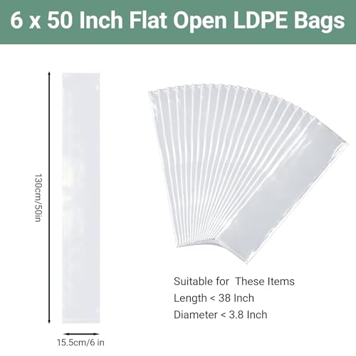 Plastic Poster Sleeves, 20 Pack 6 x 50 Inch Acid-Free Clear Storage Bag, Waterproof Flat Open Poly Long Narrow Tube for Blueprint, Collection, Painting Artwork, Fishing Rod and Umbrella, 2Mil - size: 6 x 50 Inch
