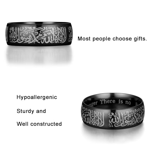 Hipunk Stainless Steel Islamic Muslim Shahada Ring - Mohammad Arabic Letter Rings Band Prayer Religious Calligraphy Ayatul Kursi Allah Rings Eid Ramadan for Men Women Size 9-12 - color: Black