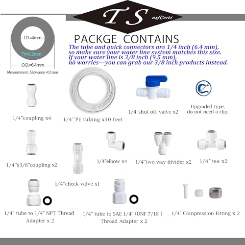 NSF 1/4" inch Water Line Tubing and Push to Connect Fittings for Reverse Osmosis Water Filter RO fittings (Feed water adapter Kits), 11 pcs connetors+30 feet 1/4" O.D. (6.4mm) water tubing. - style: 1/4"(23pcs+30feet)