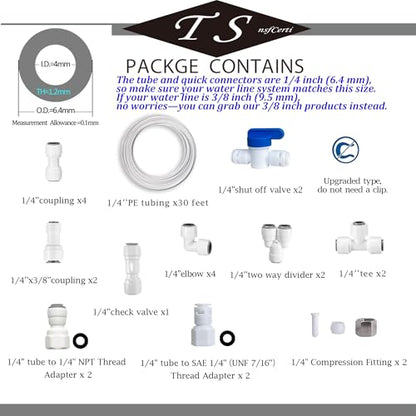 NSF 1/4" inch Water Line Tubing and Push to Connect Fittings for Reverse Osmosis Water Filter RO fittings (Feed water adapter Kits), 11 pcs connetors+30 feet 1/4" O.D. (6.4mm) water tubing. - style: 1/4"(23pcs+30feet)