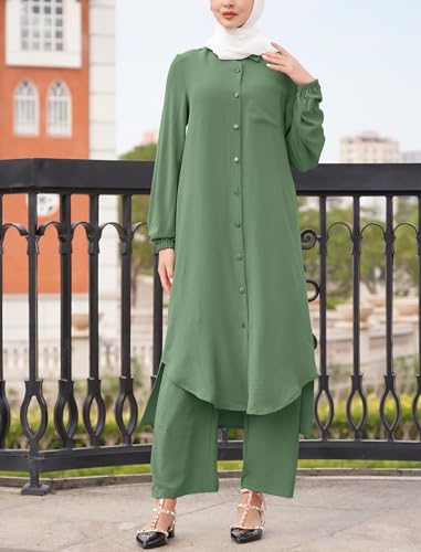 Women's Muslim 2 Pieces Sets Long Sleeve Button Down Shirt and Pants Abaya Casual Dress Dubai Outfits - color: Sage Green, size: X-Large