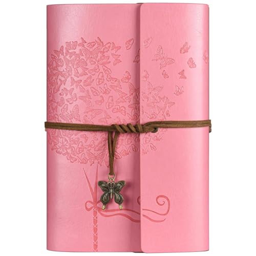 Leather Journal Notebook, Vintage Refillable Journal with 2 PVC Pockets, Travel Journal for Writing, Diary Journal for Women, Men, Girls and Boys, 100GSM Lined Paper, 160 Pages (Pink, A6 7.3"x 5.1") - color: Pink, size: A6 7.3'' x 5.1''